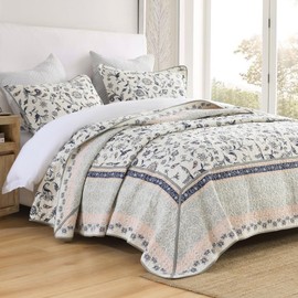 QuiltMuse King Bedspreads Oversized 120"x120" - 100% Cotton Ultra Soft Farmhouse Patchwork Oversized King Quilt with 2 Pillow Shams, Reversible Vintage Bedding Coverlet 3 Pieces, Navy/Pink/White