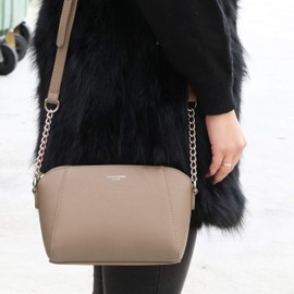 David Jones - Women's Small Crossbody Bag - Chain Shoulder Strap Rigid Faux Leather Messenger Bag - Elegant Saddle Bag - Fashion Clutch Handbag Evening Party - Zipper Purse Work Travel - Beige Taupe