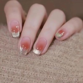 Mtruil Pink Press on Nails Medium Square Fake Nails Cat Eye False Nails with Powder Blusher Designs French Nails Acrylic Stick on Nails for Women Girls Nails Decorations Manicure 24 Pcs, Style2