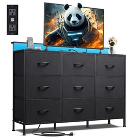WLIVE Black TV Stand for 45, 50, 55 inch TV, Entertainment Center with LED Lights & Charging Station, TV Media Console Table with 9 Fabric Drawers and Open Shelves for Living Room, Hallway, Wood Top