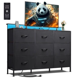WLIVE Black TV Stand for 45, 50, 55 inch TV, Entertainment Center with LED Lights & Charging Station, TV Media Console Table with 9 Fabric Drawers and Open Shelves for Living Room, Hallway, Wood Top