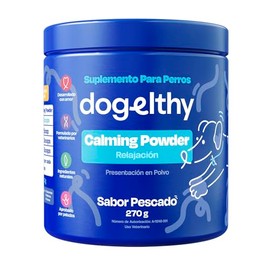 Dogelthy Calming Powder. Suplemento Relajante para Perros Natural Formulado con Passiflora, Valeriana, L-Teanina, Jengibre y más. Complemento para Croquetas o Dieta Barf Sabor Pescado 270g