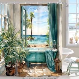 Vengaot Summer Teal Blue Sea View Shower Curtains 72Wx72L Inch Ocean Bathtub Scenes Hawaii Beach Bathroom Accessories Set Landscape Coastal Beachy Waterproof Polyester Fabric Decor 12 Plastic Hooks