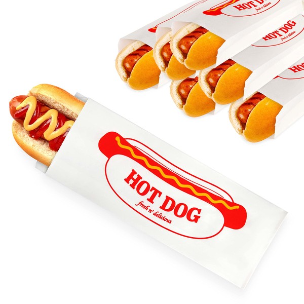 Paper Hot Dog Bags (100 Pack) - Microwavable Paper Hot Dog Sleeves - Concession Stand Hot Dog Wrappers - Leak Resistant Hot Dog Bags for Food Stands, Food Trucks, Take Out, Delivery - Stock Your Home