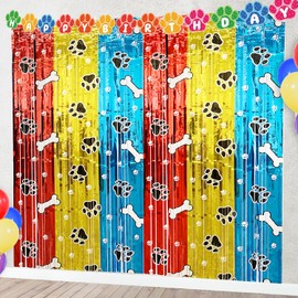2 Pack Paw Birthday Party Decorations Foil Fringe Curtains Backdrop, 3.28 x 6.56 Ft Red Gold Blue Foil Fringe Curtains Tinsel Streamer Photo Booth Props Dog Lets Pawty Birthday Party Supplies Favors