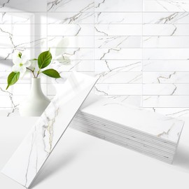 OYASIMI 80-Piece Glossy Calacatta Gold Marble Thick PVC Peel and Stick Backsplash, 2" x 8" Waterproof Subway Tile Peel and Stick Wall Tiles for Kitchen and Bathroom