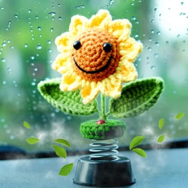 Levvohd Sunflower Car Accessories Dashboard Decorations, Crochet Smiley Shaking Sun Flowers Bobblehead Cars Decor for Women, for Cute Girl Interior Desk Ornaments Gifts (H 5.2 in)