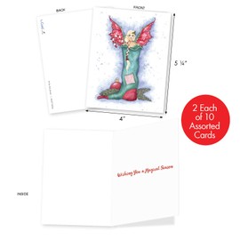 The Best Card Company Holiday Fairies - 20 Assorted Boxed Merry Christmas Note Cards with Envelopes (4 x 5.12 Inch) - Seasonal Spirit and Sprites AM3371XSG-B2x10