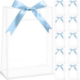 CINSOEN 12 Pcs Clear Plastic Gift Bag with Handle, PVC Gift Bag with Ribbon Bow for Graduation Wedding Bridal Birthday Baby Shower Party, 7 x10 x 3.15 Inch, White and Light Blue