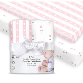 100% Organic Cotton Sheets for Pack 'n Play and Other Portable/Mini CribsPink/White Girl's 2 Pack for Playard Or up to 3" Mattress
