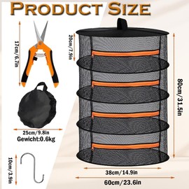 Abiemuce Drying Net Herbs Orange, 4-Layer Herb Dryer Hanging with Loppers and S-shaped Hooks, High-Quality Drying Net with Zipper, Breathable - Net for Harvesting and Herb Drying