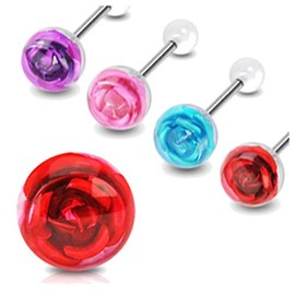 Zaya Body Jewelry 4 Steel Rose Flower Tongue rings barbells red blue pink purple 14g gauge 5/8
