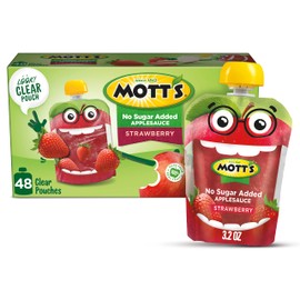 Mott's No Sugar Added Strawberry Applesauce, 3.2 Oz Clear Pouches, 48 Count (4 Packs Of 12), Good Source Of Vitamin C, No Artificial Flavors