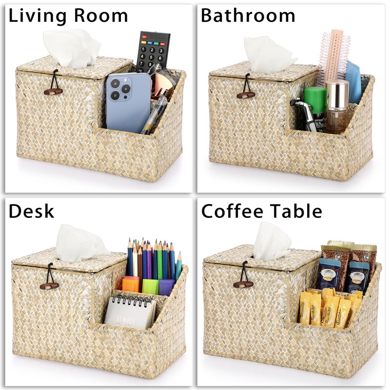 BTSKY Household Seagrass Facial Tissue Box With Two Side Storage