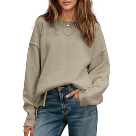 Saodimallsu Womens Oversized Crew Neck Sweaters Long Sleeve Slouchy Knit Fall Casual Loose Side Split Pullover Tops Dark Khaki