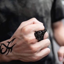 FaithHeart Stainless Steel Finger Ring for Men Boys Egypt God Anubis Ring Ankh Cross Finger Ring in Size 54.4 to 70 for Christmas Birthday Father's Day