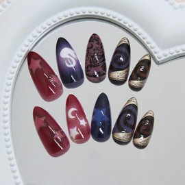 Almond Press on Nails Medium Fake Nails with Swan and Stars Moon Designs False Nails Red Glossy Cute Fall Acrylic Nails for Women 24pcs