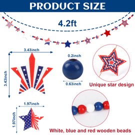 MARFOREVER Patriotic Red White Blue Garland, 4th of July Wooden Beads Garland with Star Charms Rustic Farmhouse American Colors for Independence Day Memorial Veterans Fireplace Wall Decorations