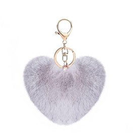 NICIFOAM Artificial Faux Rabbit Fur Keychain Fluffy Heart Plush Ball Pom Charm Key Chain Cute Car Key Decor Purse Handbag for Women Light Grey