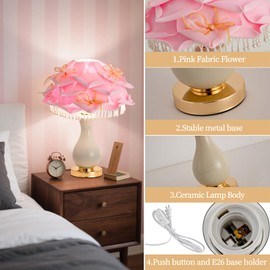 ZYLEISENBAO Pink Rose Flower Lamp Nordic Table Lamp Romantic Ceramic Nightstand Light Princess Bedside Lamp for Girl Valentines Mother's Day Wedding Party Deco Bedroom Living Room Entry