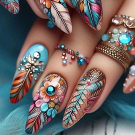 Colorful Flower Feathers Press on Nails Fake Nails Almond Medium,Aqinmony with Designs False Nails Almond Medium, French Tip Full Cover Glue on Nails, Glossy Acrylic Thick Stick on Nails Medium For Women 24Pcs BKS3162