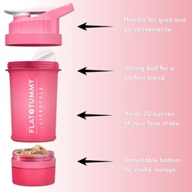 Flat Tummy Flat Tummy Protein Shaker Bottle with Powder Storage - Pink Blender Bottle Shaker 20oz - Protein Mixer with Protein Shaker Ball - Cute Shaker Bottle for Women - Preworkout Bottle