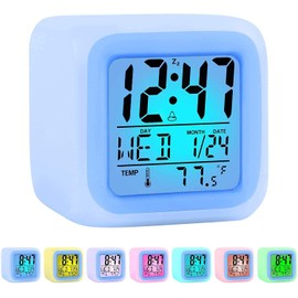 YouJabz 7 Colour Changing Night Light Children's Alarm Clock, Snooze Touch Control Temperature for Children's Room, Digital Clock for Children, Girls, Boys, Grow Clock for Toddlers, Back to School