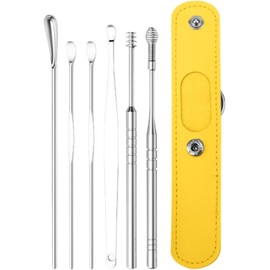 6Pcs Ear Pick Cleaning Kit Earwax Removal Kit,Stainless Steel Earwax Cleaner with Storage Bag, Professional Tool for Ear Cleaning, Reusable Ear Cleaner for Adults Earwax Removal Products (Yellow)
