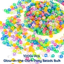 1000+ Pcs Pony Beads Bulk, 6x9 mm Plastic Bracelet Bead Glow in The Dark for Bracelets Making Crafts Hair Braiding DIY Friendship Bracelet, Multi-Colored Pony Beads Kit for Girls Gifts
