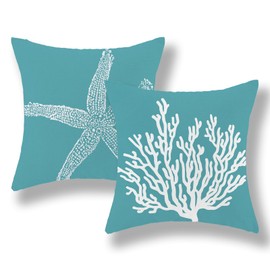 GOLIANDA Coastal Pillow Covers 18x18 Set of 2 Aqua Teal Turquoise Coral Starfish Throw Pillows Nautical Ocean Decorations Summer Linen Beach Pillowcase Outdoor Decor Farmhouse Cushion Case for Couch