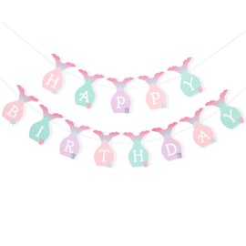 Mermaid Happy Birthday Banner - Mermaid Birthday Party Decorations, With A Textured Fin And Sequins, Ocean Themed Banner Garland, Under The Sea Themed Party Supplies