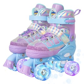 MammyGol Roller Skates for Kids Boys Girls, Adjustable Quad Skates with Light Up Wheels for Toddler Little Kids Ages 6-12 Size 9C 10C 11C 12C, Beginners Outdoor Sports, Amethyst Sky