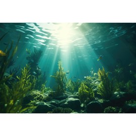 Riivvdise Ocean Aquarium Background Aquatic Plants with Rocks Terrarium Backdrop Sunlight Rays Deep Sea Fish Tank Background Aquarium Wallpaper Poster Decor Vinyl 36x20in