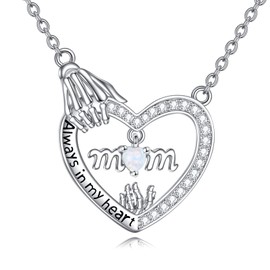 VONALA Opal Necklace for Mom Sterling Silver I Love You Mom Necklace Heart Opal Birthstones Necklace for Mom Wife Mothers Day Jewelry Gifts