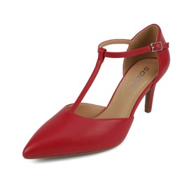 Soda Bahia ~ Women Pointed Toe Closed Back Counter T-Strap Pump Stiletto Mid Heel Shoe (Red Pu, us_Footwear_Size_System, Adult, Women, Numeric, Medium, 10)