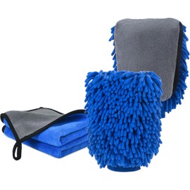 DASKING Kit Limpieza Coche, Guante y Toallas de Microfibra Premium de Lavado Coche, 2PCS Toallas (30 * 40cm) y 1PC Guante para la Limpieza de vehículo, Juego de Limpieza para Automóviles, Azul