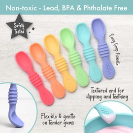 PrimaStella - Juego de cucharas masticables de silicona para bebés y niños pequeños, probado en seguridad, sin BPA, paquete de 6 cucharas para bebé (arco iris brillante)