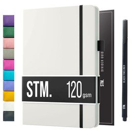 A5 Bullet Dotted Journal Notebook by STM | Thick Bleedproof 120gsm Paper, 215 Pages | Lay Flat Vegan Leather Hardcover | 2 Bookmarks, Printed Page numbers | Black Pen | 5.75 x 8.5 in | White