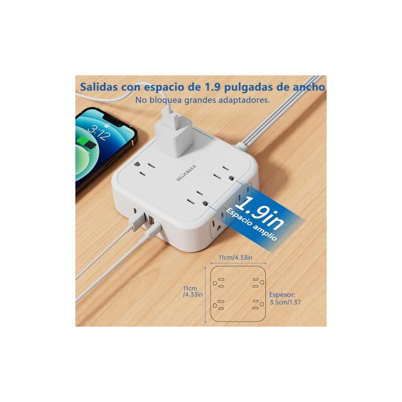 Glückluz Regleta Multicontacto Conector Multiple con 5M Electrica Extensión