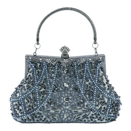 DA BODAN Women's Evening Bag Vintage Beaded Sequin Pearl Clutch Handbag Shoulder Bag Purses for Wedding Bridal Prom Party (Gray)