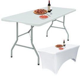 Brosisincorp 6Ft Folding Plastic Table with Stretch Spandex White Tablecloth - Sturdy and Portable Foldable Tables Ideal for Events and Parties