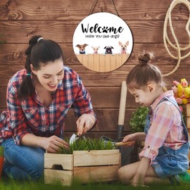 Ceutoiy Dog Decor Wreaths For Front Door Welcome Sign, Welcome Hope You Like Dogs Wooden Signs Funny Puppy Dogs Welcome Wreath Hanger Pool Porch Home Kitchen Coffee Wall Decorations