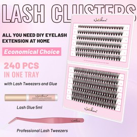 Natuhana DIY Eyelash Extensions Kit 240 Pieces Lashes Cluster Set 8-16 mm C Curl Natural Individual False Eyelash Extension Volume with Tweezers & Glue