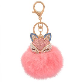 HOYUNLA Rabbit Fur Ball Pom Pom Keychain with Fox Head Studded with Synthetic Pearl Rhinestone for Womens Bag Car Key Chain Charm Pendant Decoration (pink2)