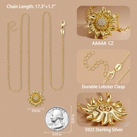 VANGAU Sterling Silver Sunflower Necklace for Women 14K Gold Plated Necklaces Pendant for Mom Wife Girlfriend Anniversary Birthday Jewelry Gifts