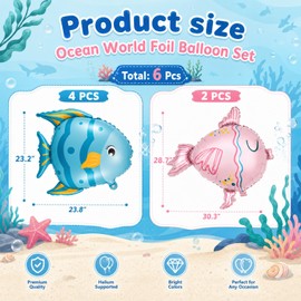 Gejoy 6 Pack Fish Balloons, 23 Inch Blue & Pink Tropical Fish Balloons Aluminum Foil Inflatable for Under The Sea & Ocean Theme Birthday Party Deocration Classroom Baby Shower