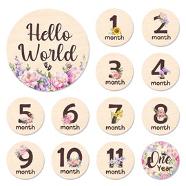 Baby Monthly Milestone Cards - 13pcs Wooden Double Sided Flower Monthly Milestone Signs, Birth Announcement Sign for Photo Props, 1-12 Months Newborn Milestones Cards, Baby Shower Party Gifts Marker