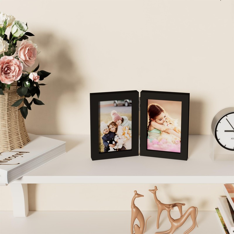decorUhome Double 4x6 Picture Frame Vertical, Engineered Wood Bifold Photo
