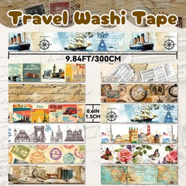 Juego de Cinta Washi Vintage, 12 Rollos de Cinta Decorativa Estética de Vacaciones y Viajes, Cinta Washi Retro con Diseño de Póster, Mapa, Sellos, Arquitectura, para Suministros de Diario