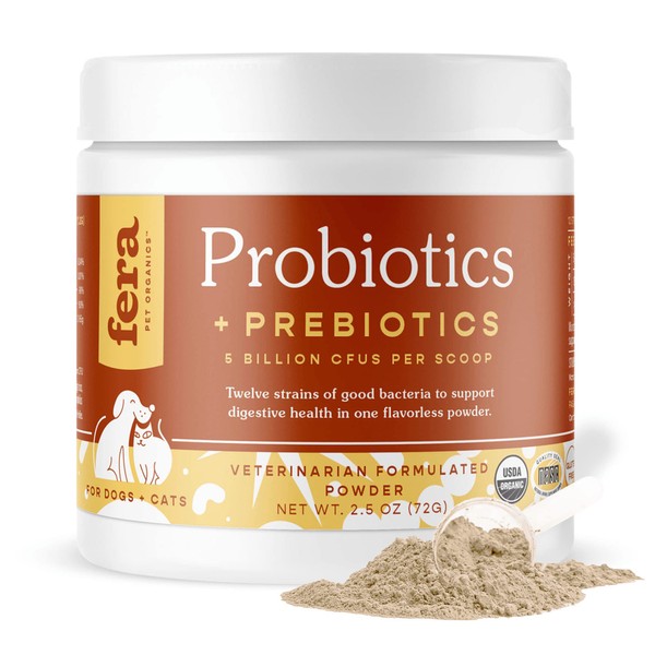 Fera Pet Organics -Probiotics for Dogs and Cats - USDA Organic Certified - Advanced Max-Strength Vet Formulated - All Natural Probiotics Powder - 5 Billion CFUs Per Scoop- 60 Scoops